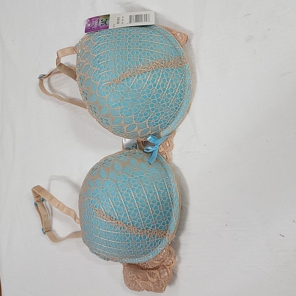 NWT Hers by Herman Womens Bra Aqua/Tan Lace Underwire Padded‎ Adjust Straps 34C